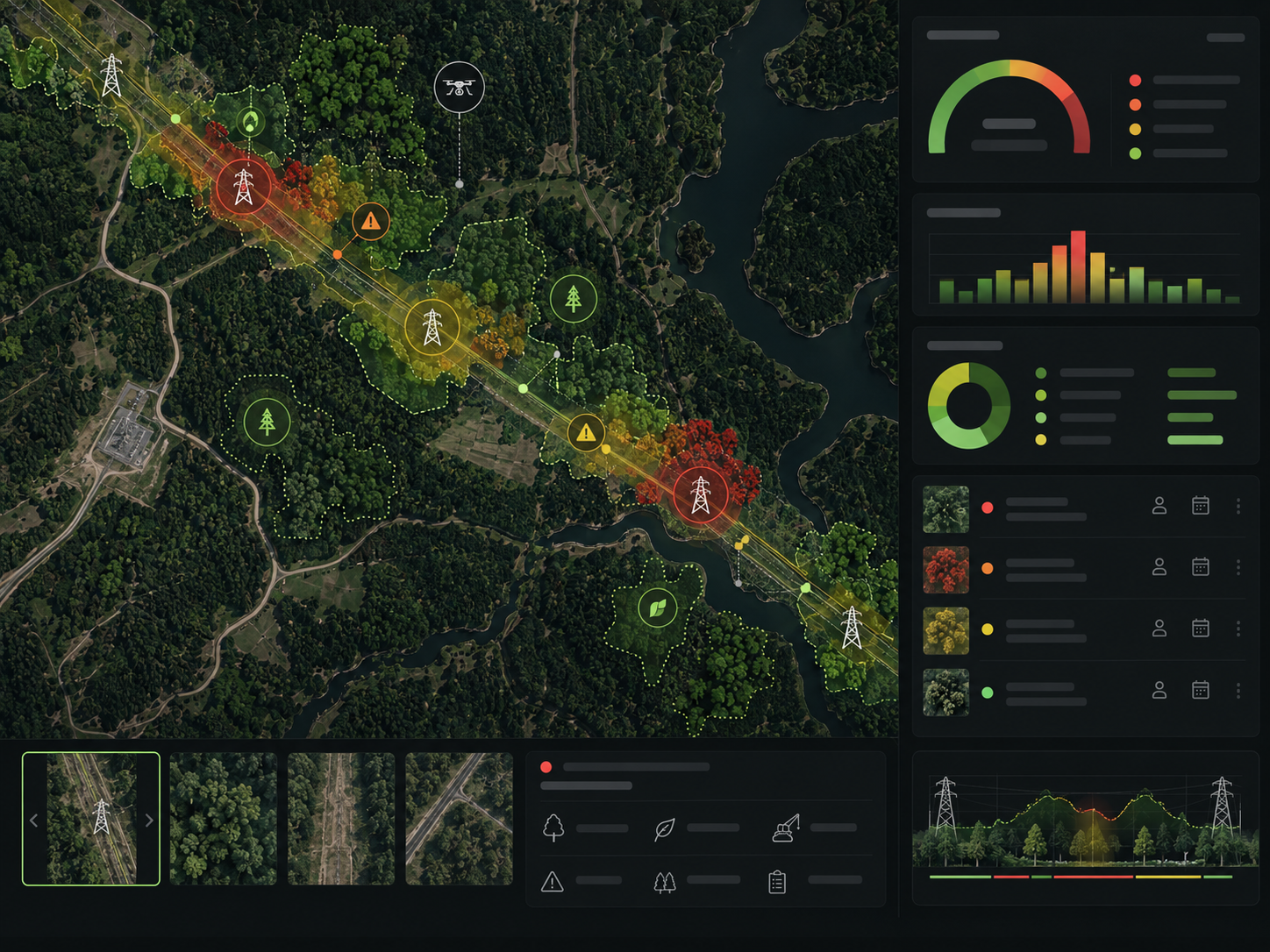 Advanced GIS vegetation management map showing corridor risk, work priorities and asset context