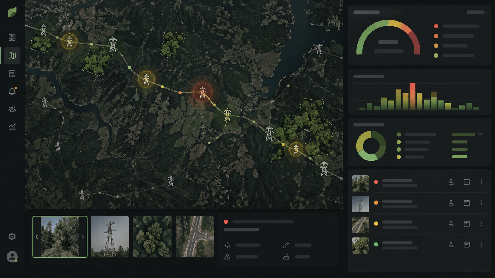 Vegetation-risk dashboard showing forest clusters around power infrastructure